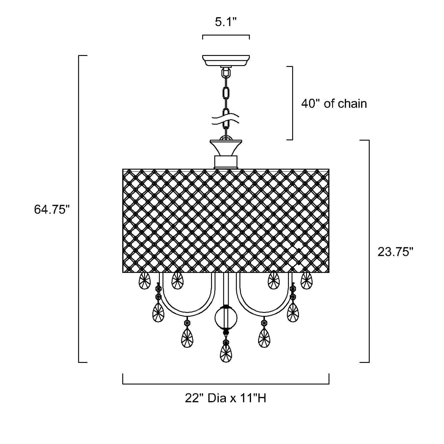 Lustre tambour rond à perles avec cristaux suspendus