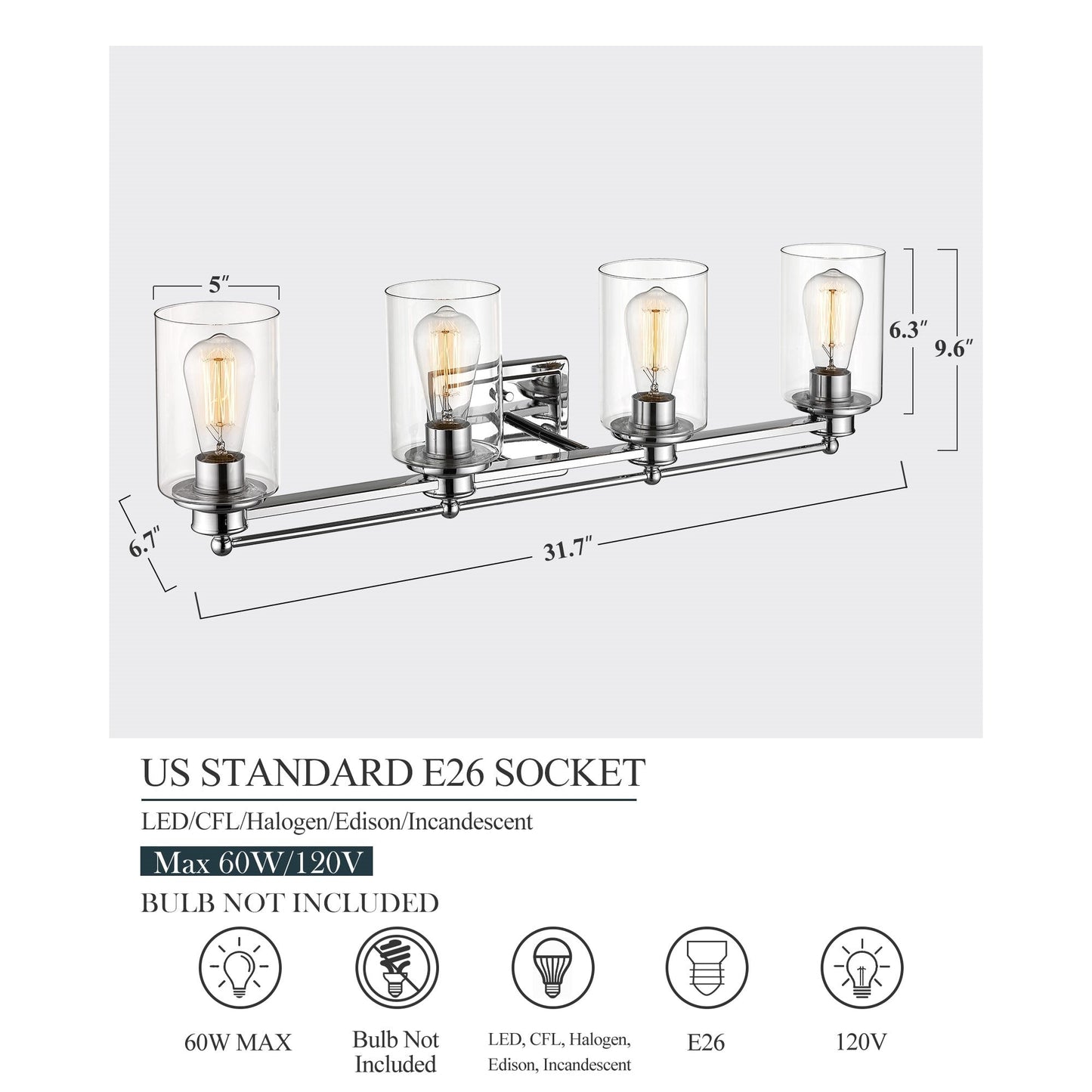 Applique murale de salle de bain avec abat-jour en verre transparent, à placer au-dessus du miroir.