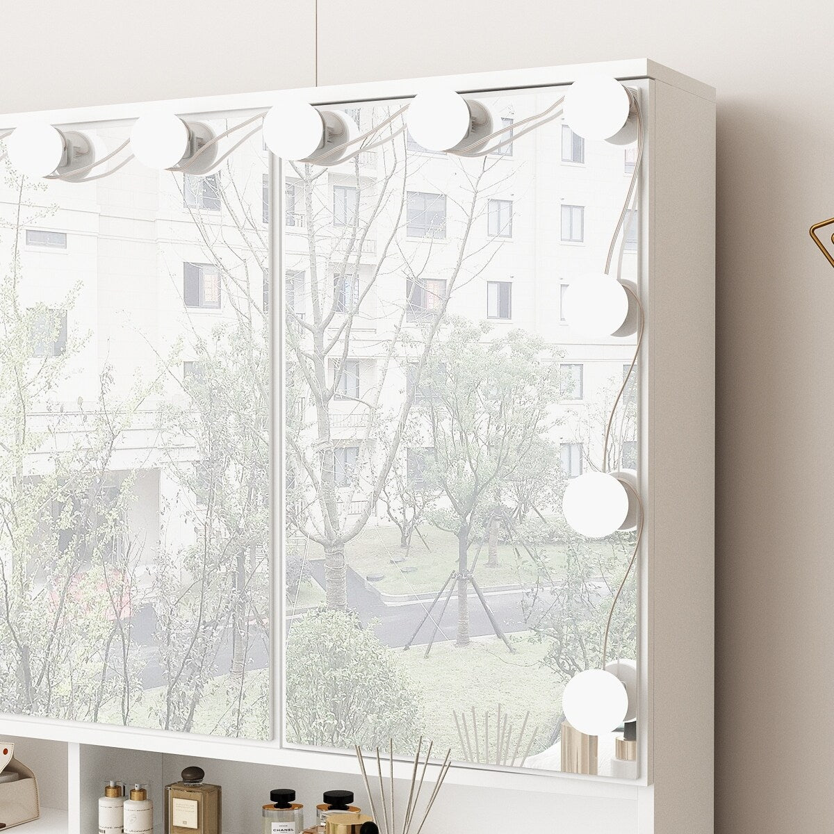 Coiffeuse avec miroir à trois volets, éclairage certifié, plateau en verre