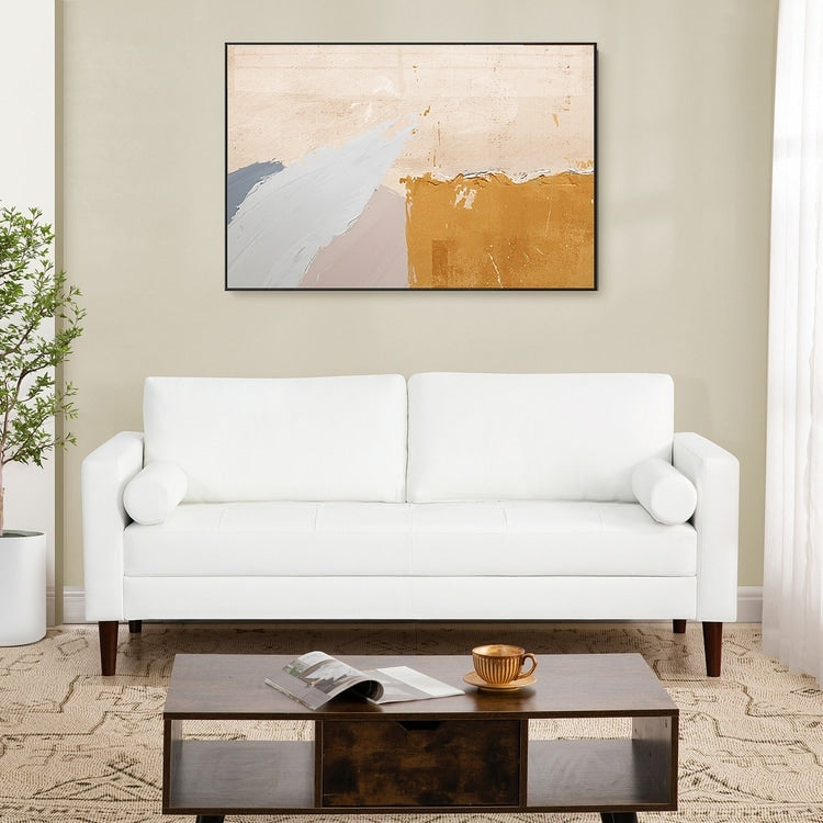 Canapé moderne en cuir véritable avec pieds en bois et coussin cylindrique supplémentaire