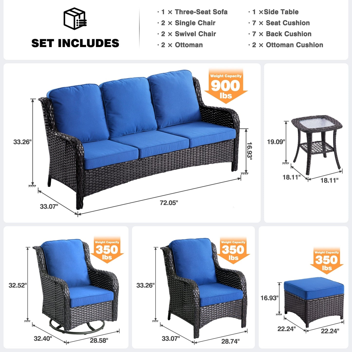 Ensemble de 8 chaises pivotantes en osier pour patio OVIOS