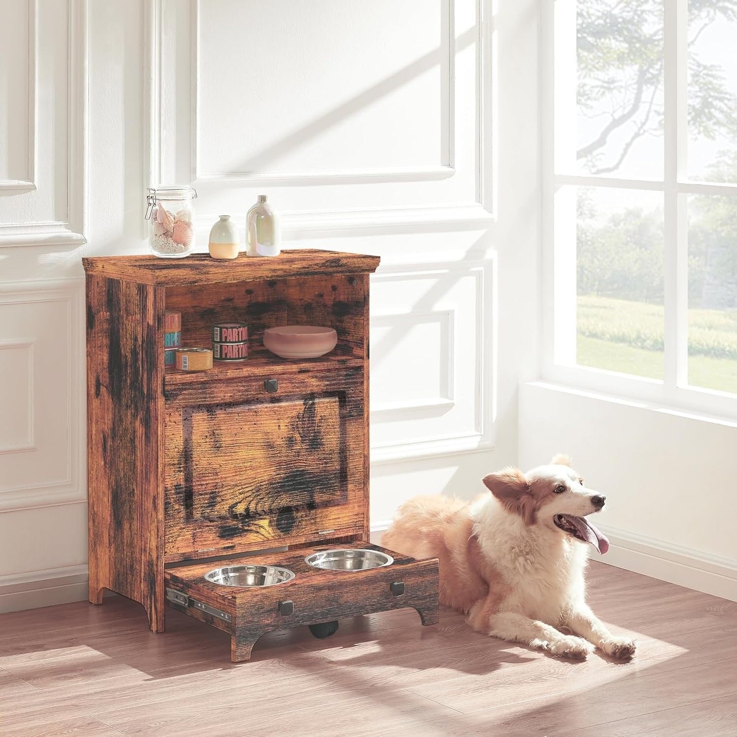 Station d'alimentation pour chiens Roomfitters avec 2 gamelles surélevées, meuble d'alimentation inclinable pour animaux de compagnie