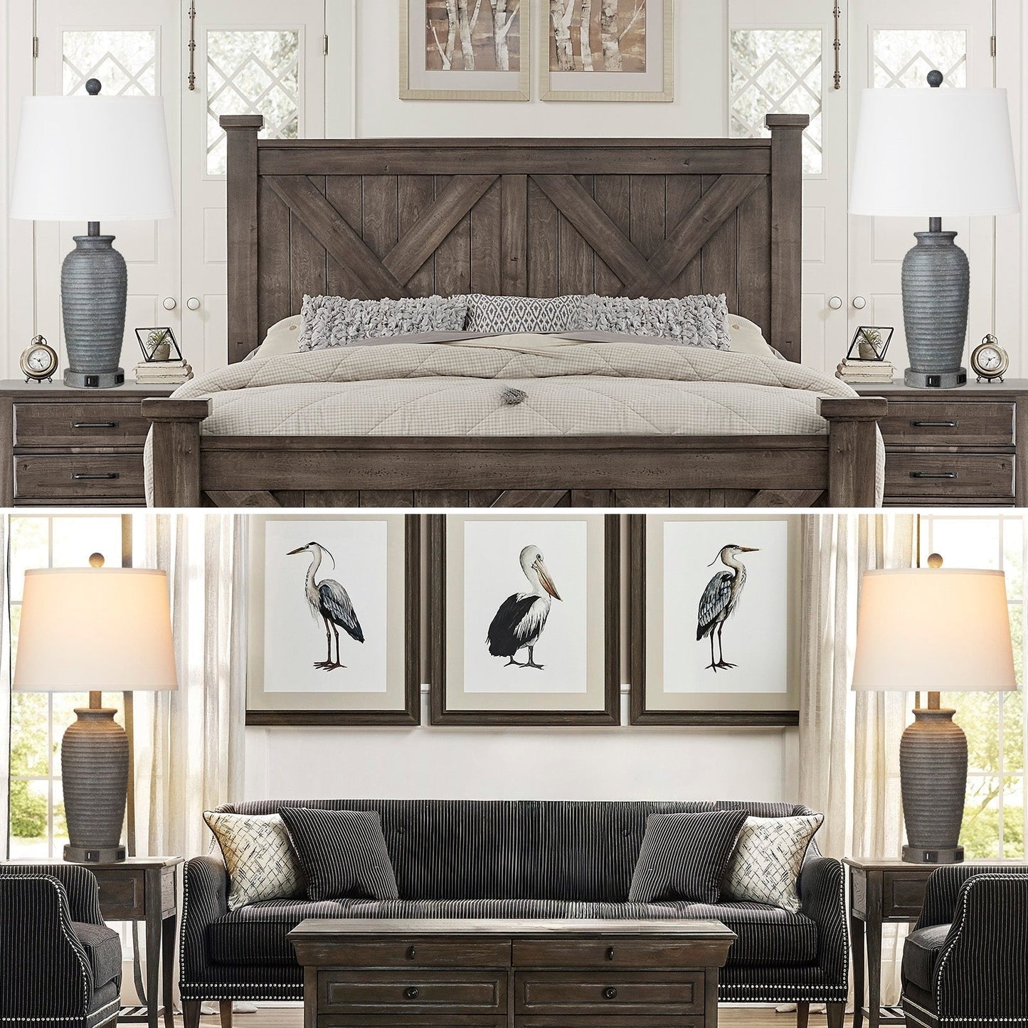 Lampes de table en résine grise avec interrupteur tactile à 3 niveaux, port de chargement USB et prise secteur (lot de 2)