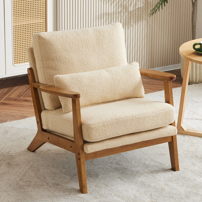 Fauteuil d'appoint beige en lin mélangé, pieds en bois et un coussin.