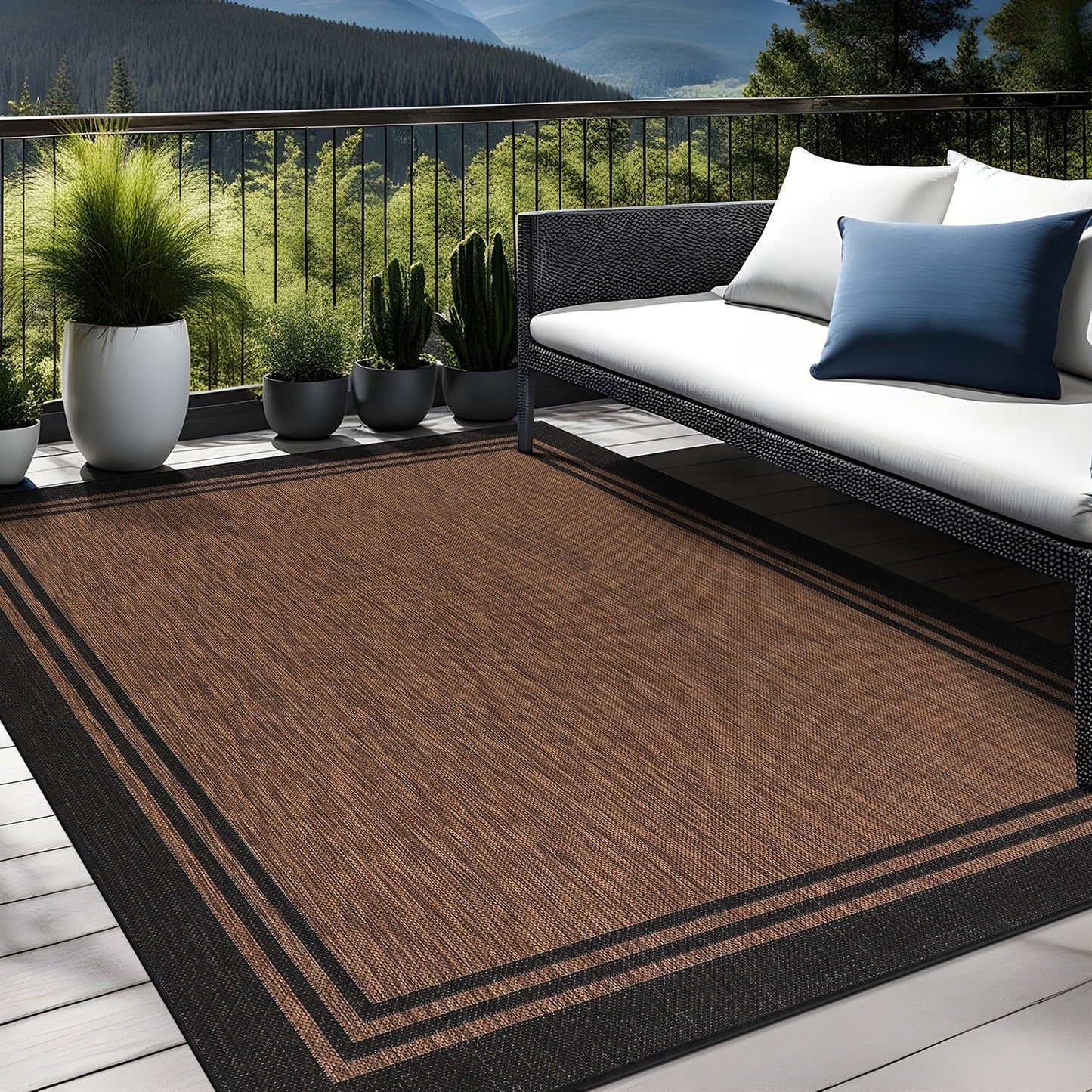 Tapis d'intérieur/extérieur lavable à bordure pour patio, terrasse, porche