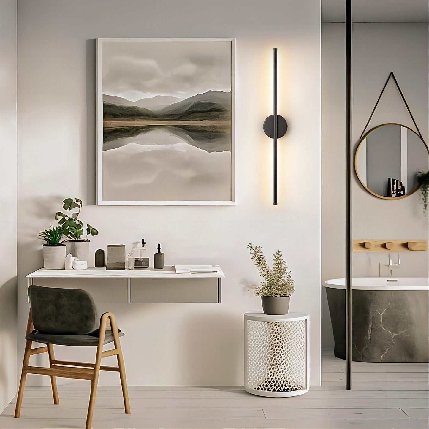 Applique murale LED linéaire moderne à 1 lumière, noire/dorée/nickel, à intensité variable, pour salle de bain.