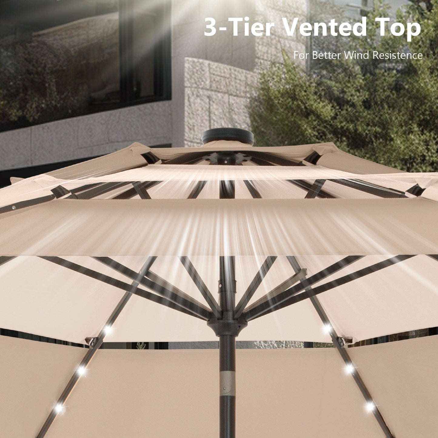 Parasol de terrasse MAISON ARTS de 3 m (10 pi) à 3 niveaux, à inclinaison automatique, double ventilation et éclairage LED