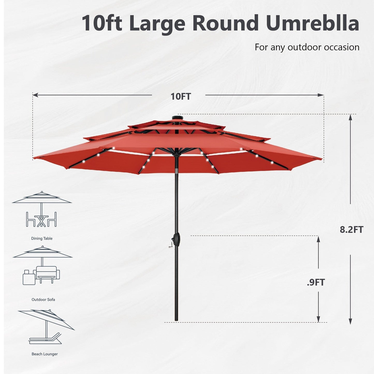 Parasol de terrasse MAISON ARTS de 3 m (10 pi) à 3 niveaux, à inclinaison automatique, double ventilation et éclairage LED