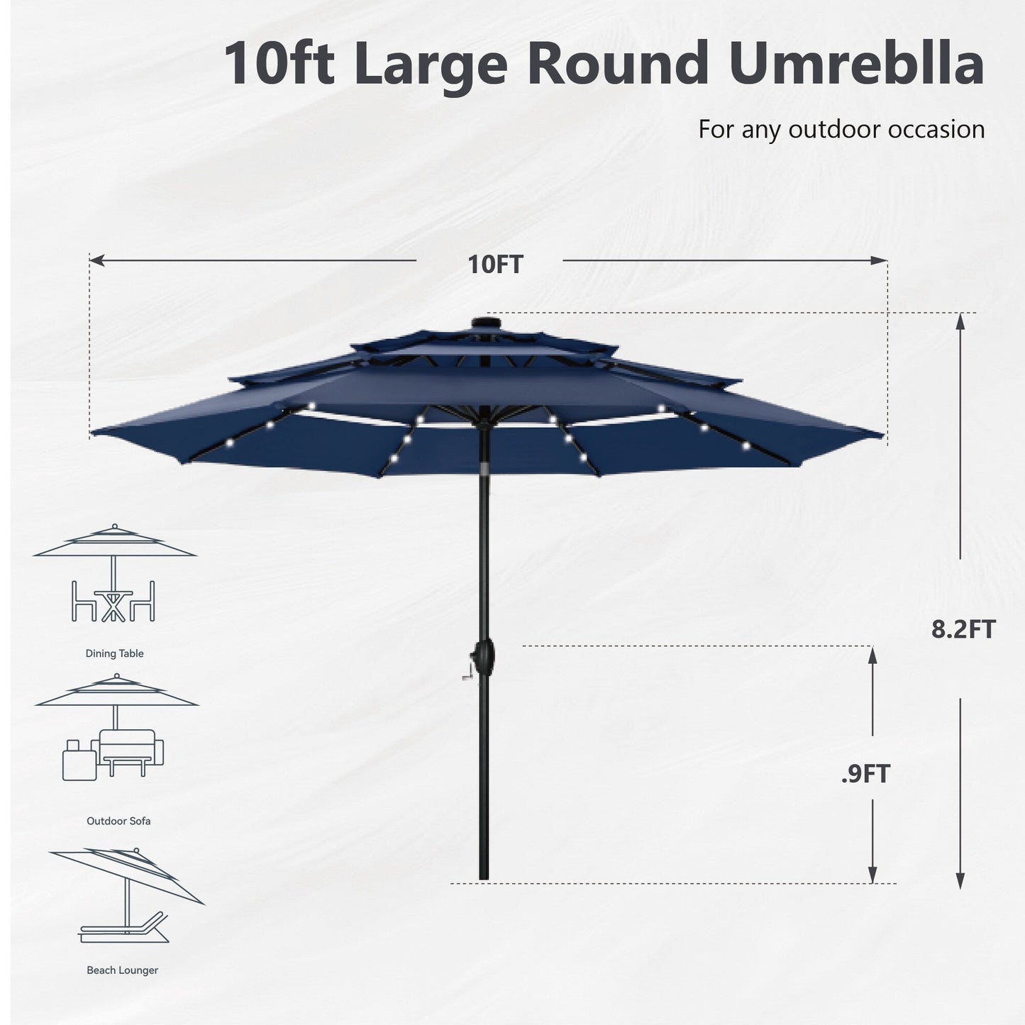 Parasol de terrasse MAISON ARTS de 3 m (10 pi) à 3 niveaux, à inclinaison automatique, double ventilation et éclairage LED