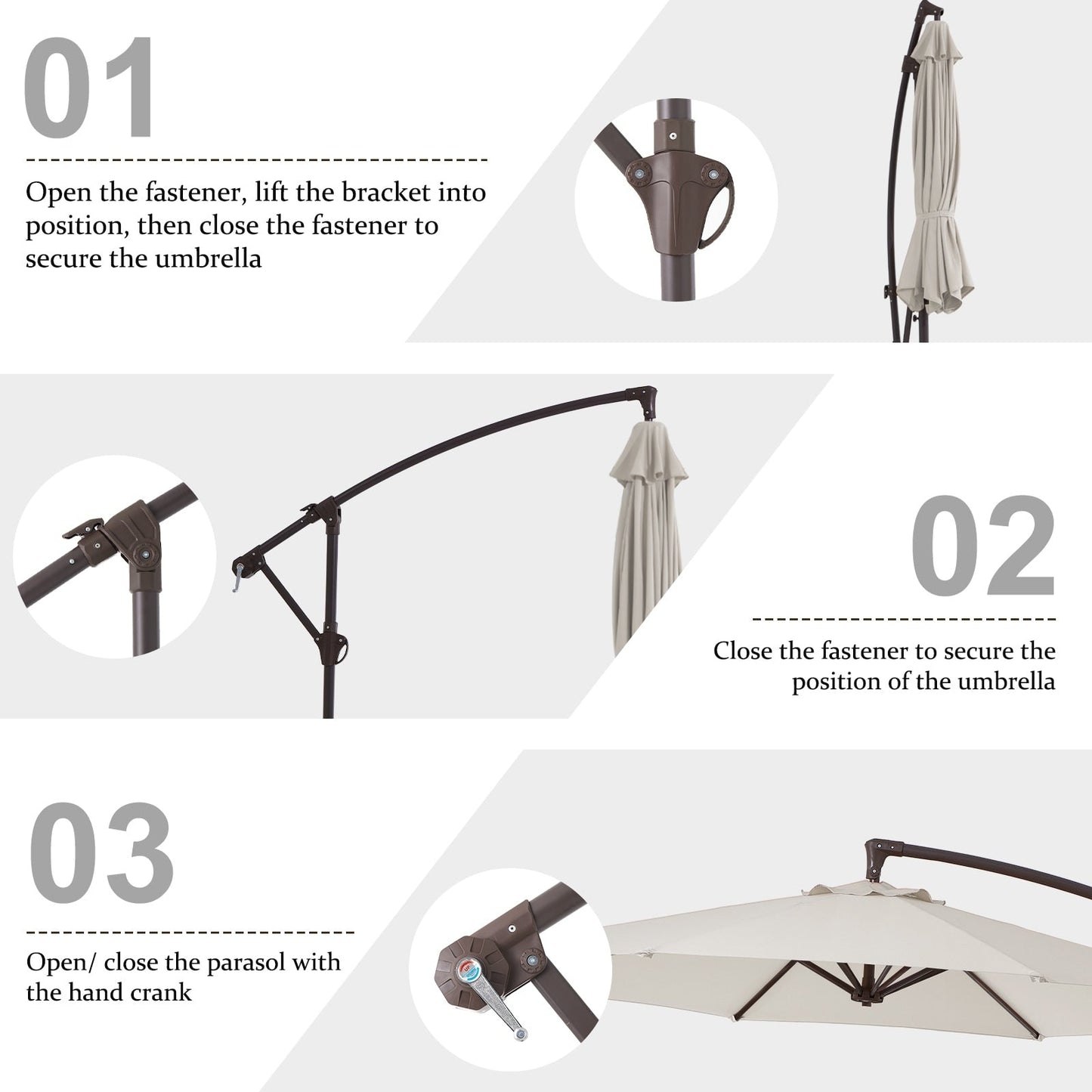 Parasol déporté suspendu à manivelle en acier de 3 m