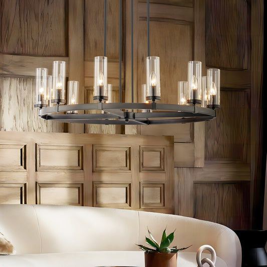 Lustre à 12 lumières en forme de roue de chariot, style moderne du milieu du siècle, en verre transparent, doré/noir, grand modèle