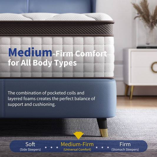 Matelas hybride en mousse à mémoire de forme Queen et King de 14 pouces, fermeté moyenne, matelas à soutien des bords dans une boîte