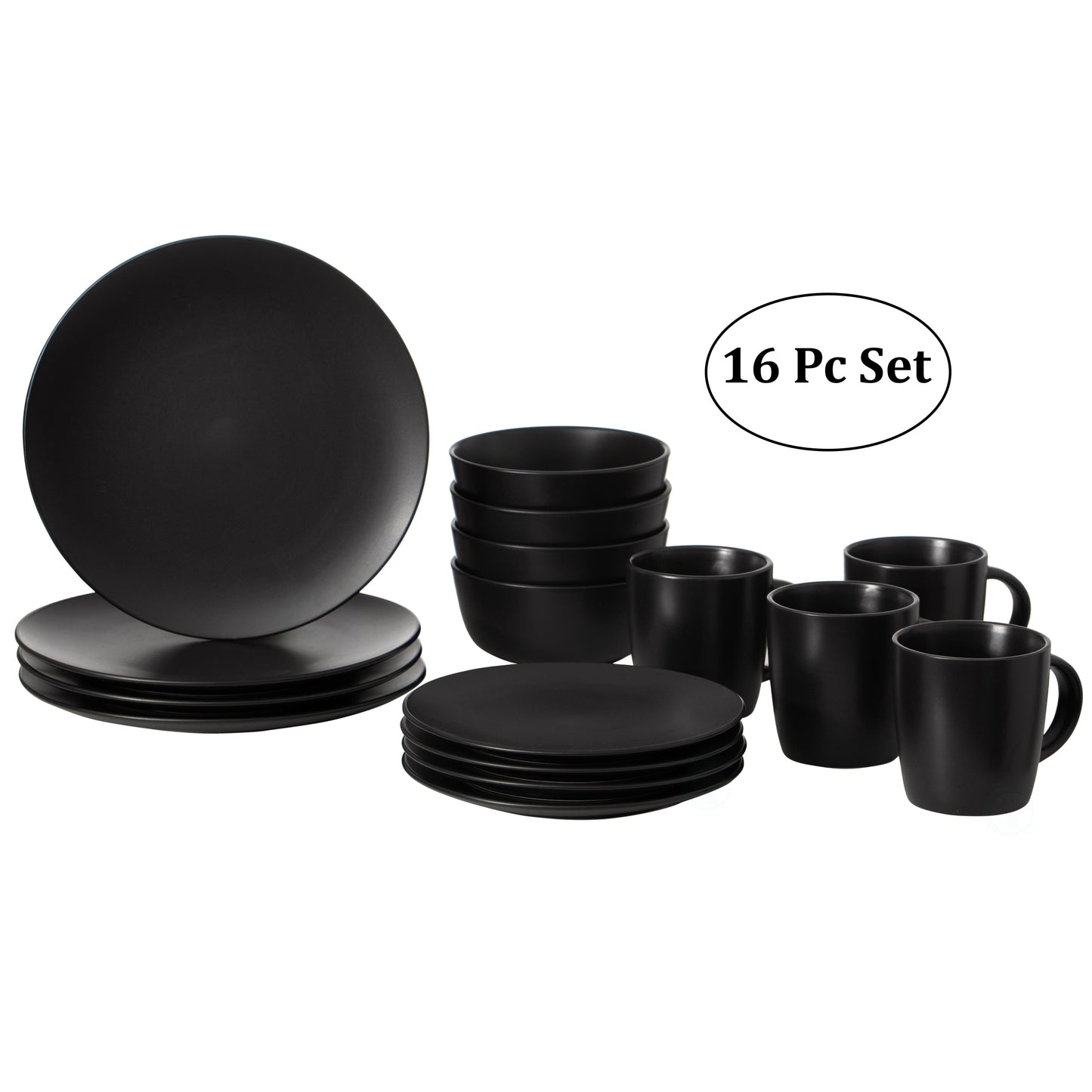 Service de table 16 pièces pour 4 personnes | Tasses, assiettes à salade et assiettes plates, bols, résistant aux ébréchures et aux fissures, noir mat
