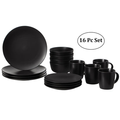 Service de table 16 pièces pour 4 personnes | Tasses, assiettes à salade et assiettes plates, bols, résistant aux ébréchures et aux fissures, noir mat