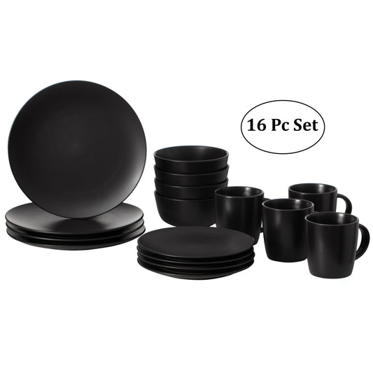 Service de table 16 pièces pour 4 personnes | Tasses, assiettes à salade et assiettes plates, bols, résistant aux ébréchures et aux fissures, noir mat