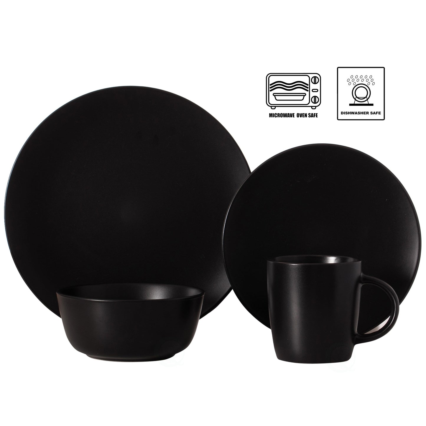 Service de table 16 pièces pour 4 personnes | Tasses, assiettes à salade et assiettes plates, bols, résistant aux ébréchures et aux fissures, noir mat