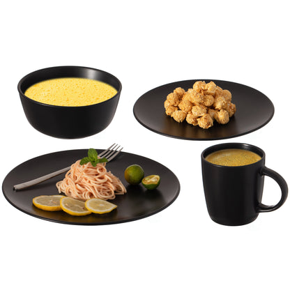 Service de table 16 pièces pour 4 personnes | Tasses, assiettes à salade et assiettes plates, bols, résistant aux ébréchures et aux fissures, noir mat