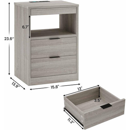 Table de chevet à 2 tiroirs avec éclairage LED et station de recharge sans fil. Étagère coulissante.