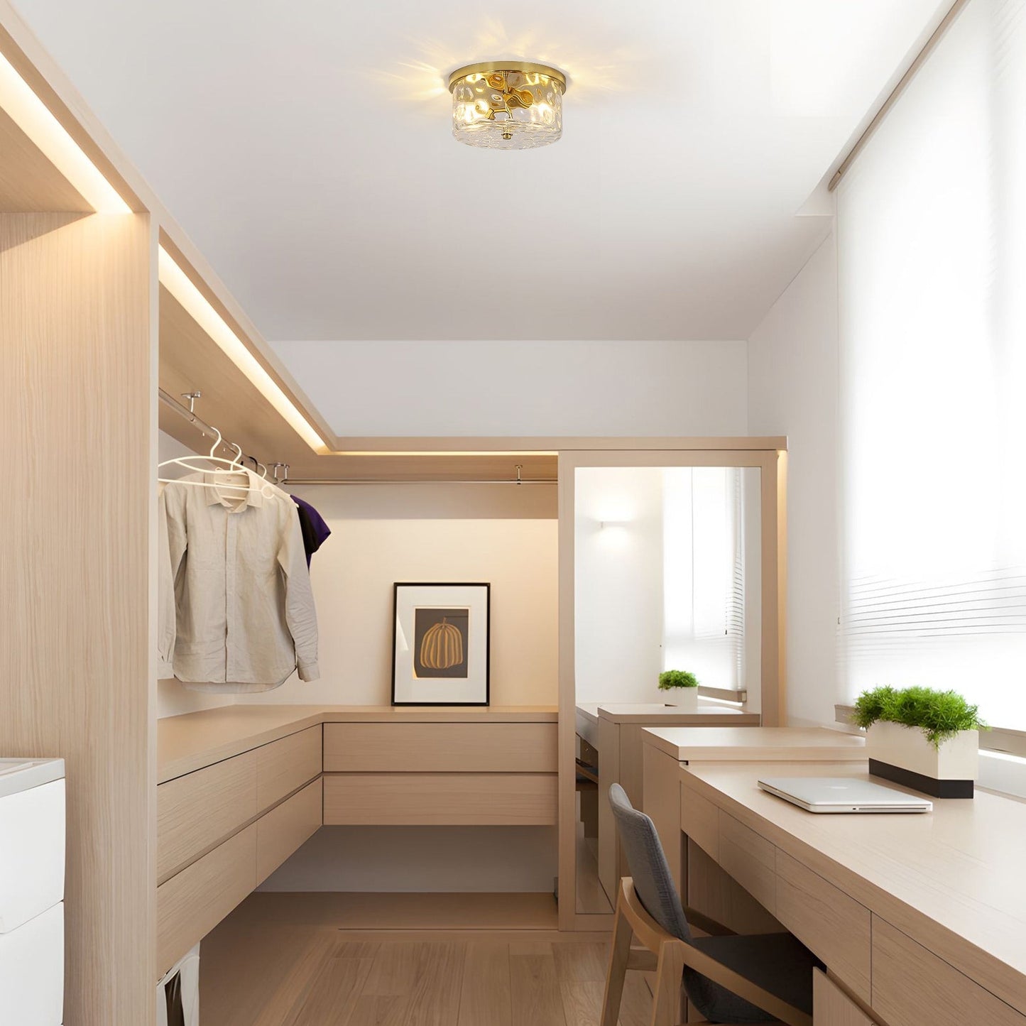 Plafonnier encastré à 2 lumières avec verre martelé transparent