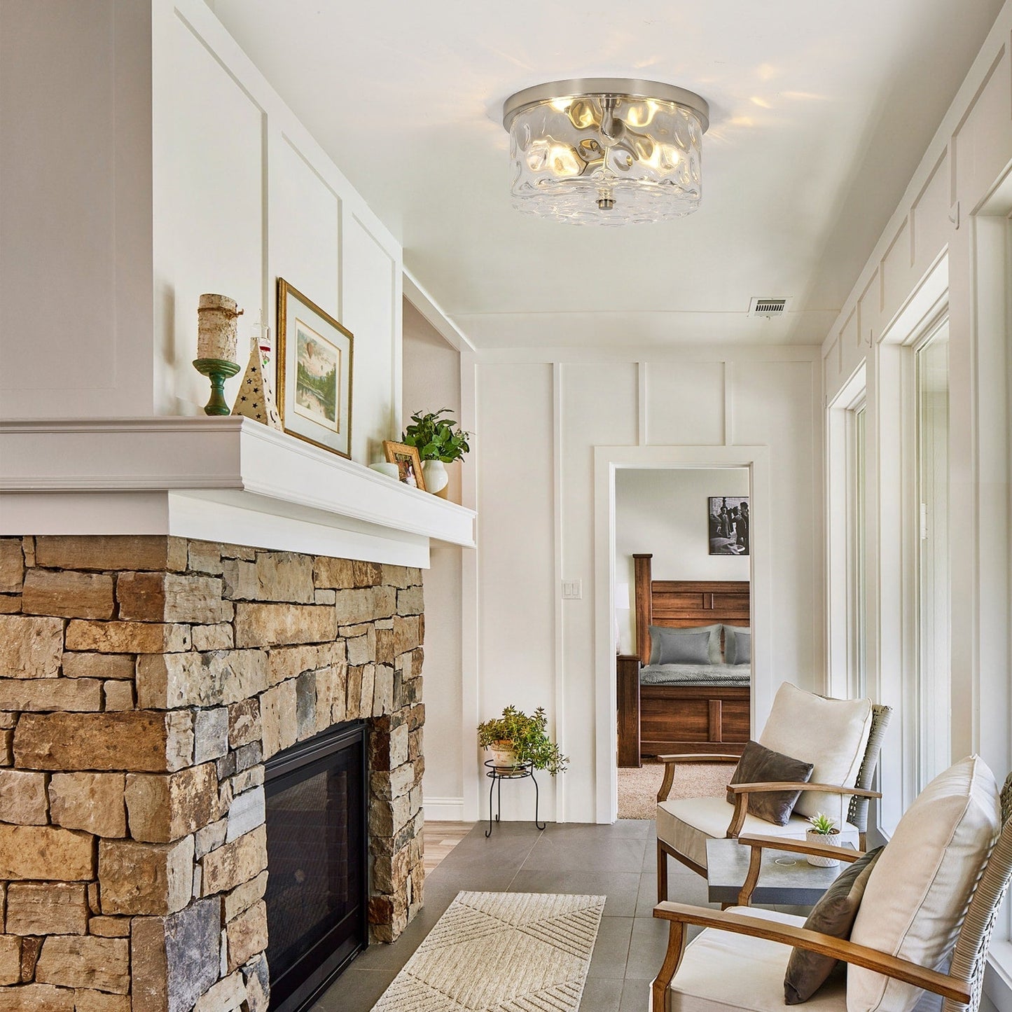 Plafonnier encastré à 2 lumières avec verre martelé transparent