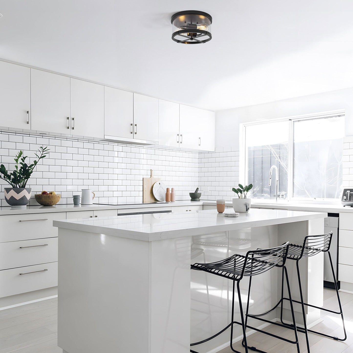 Plafonnier encastré à 2 lumières en verre transparent avec cadre en métal