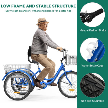 Tricycle adulte 26 pouces, 3 roues, 7 vitesses