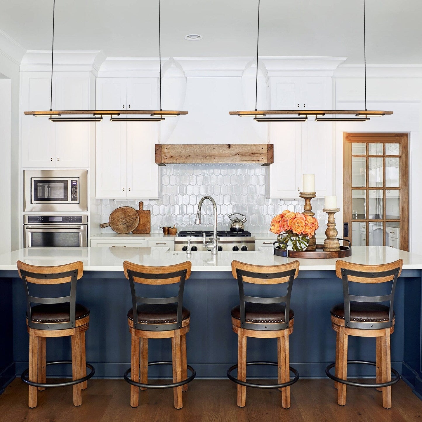 Lustre linéaire en bois à 3/5 lumières LED intégrées pour îlot de cuisine