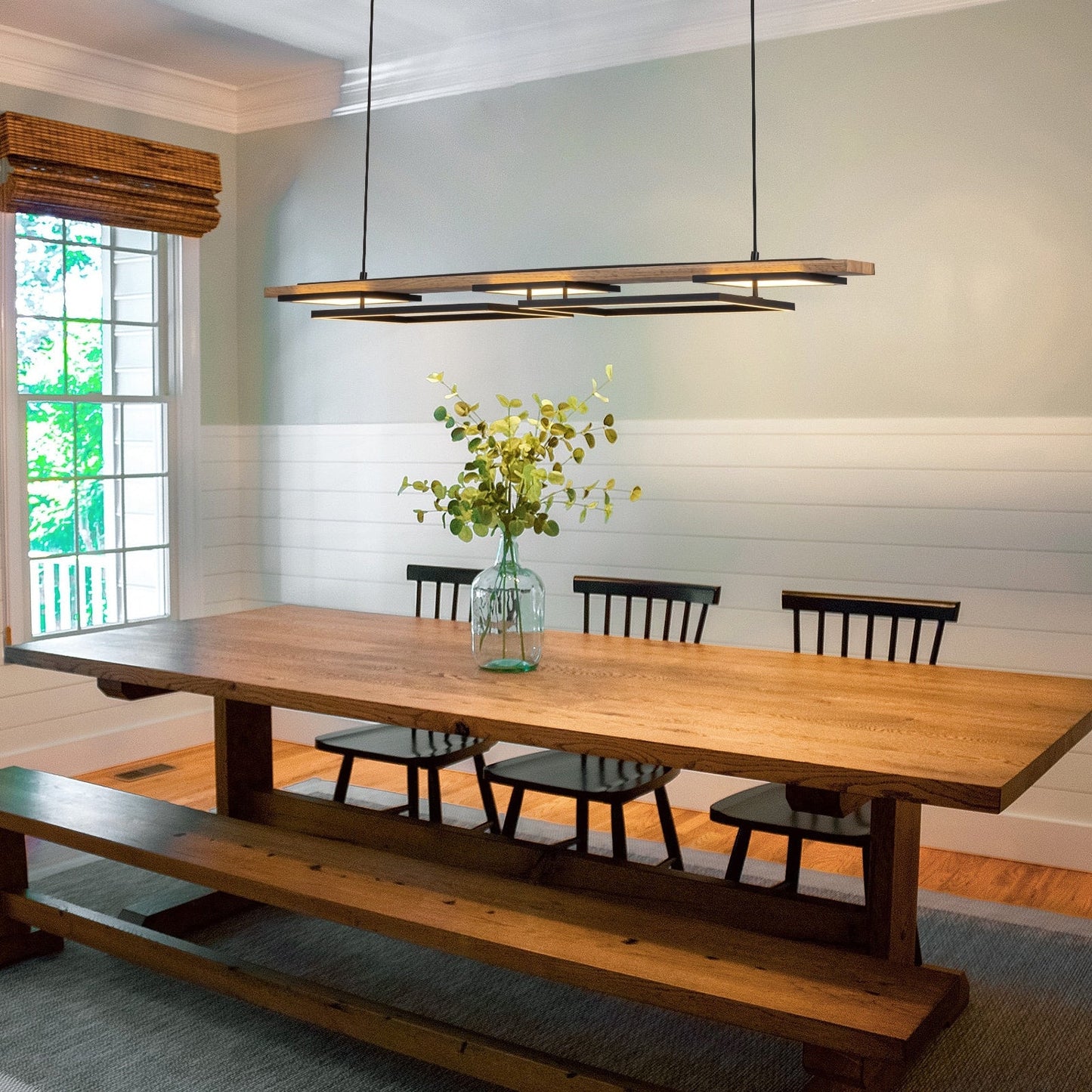 Lustre linéaire en bois à 3/5 lumières LED intégrées pour îlot de cuisine