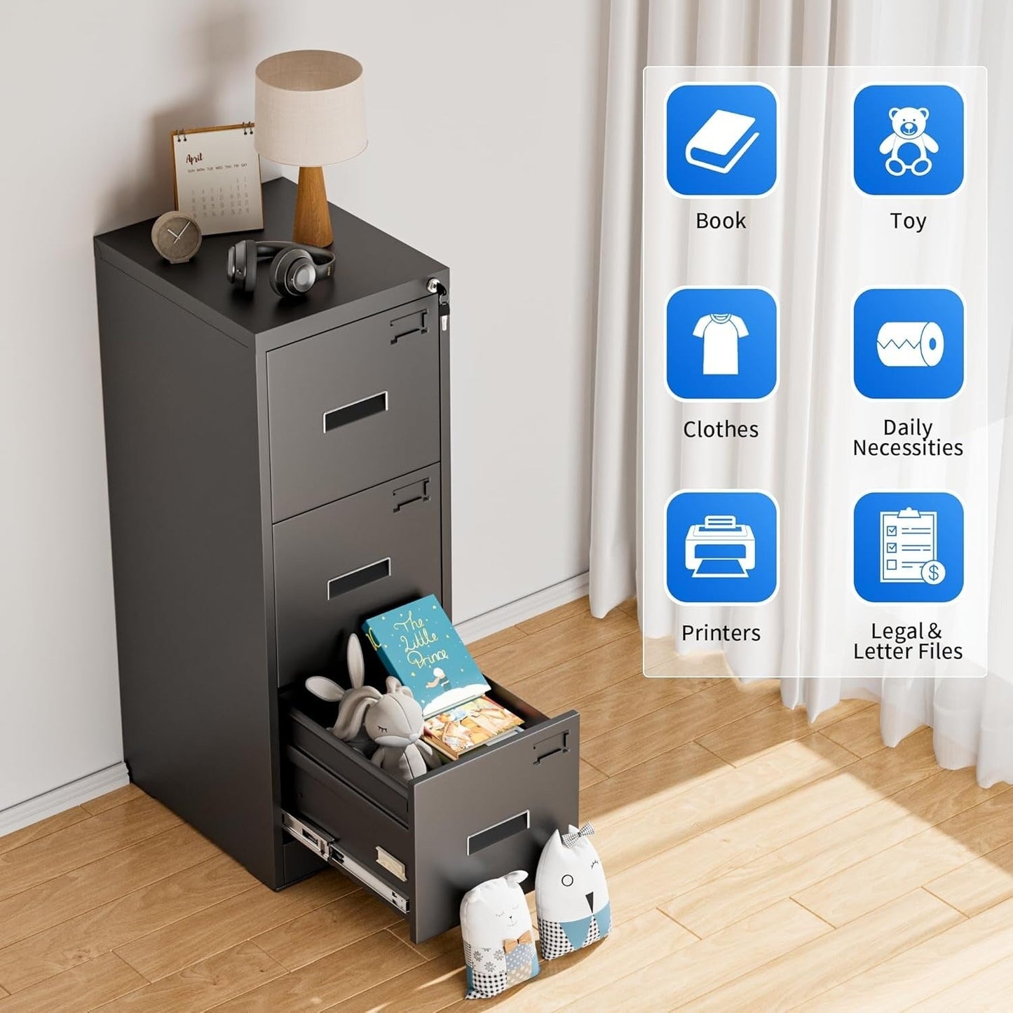 Classeur métallique à 3 tiroirs verrouillables pour bureau à domicile, meuble roulant entièrement assemblé