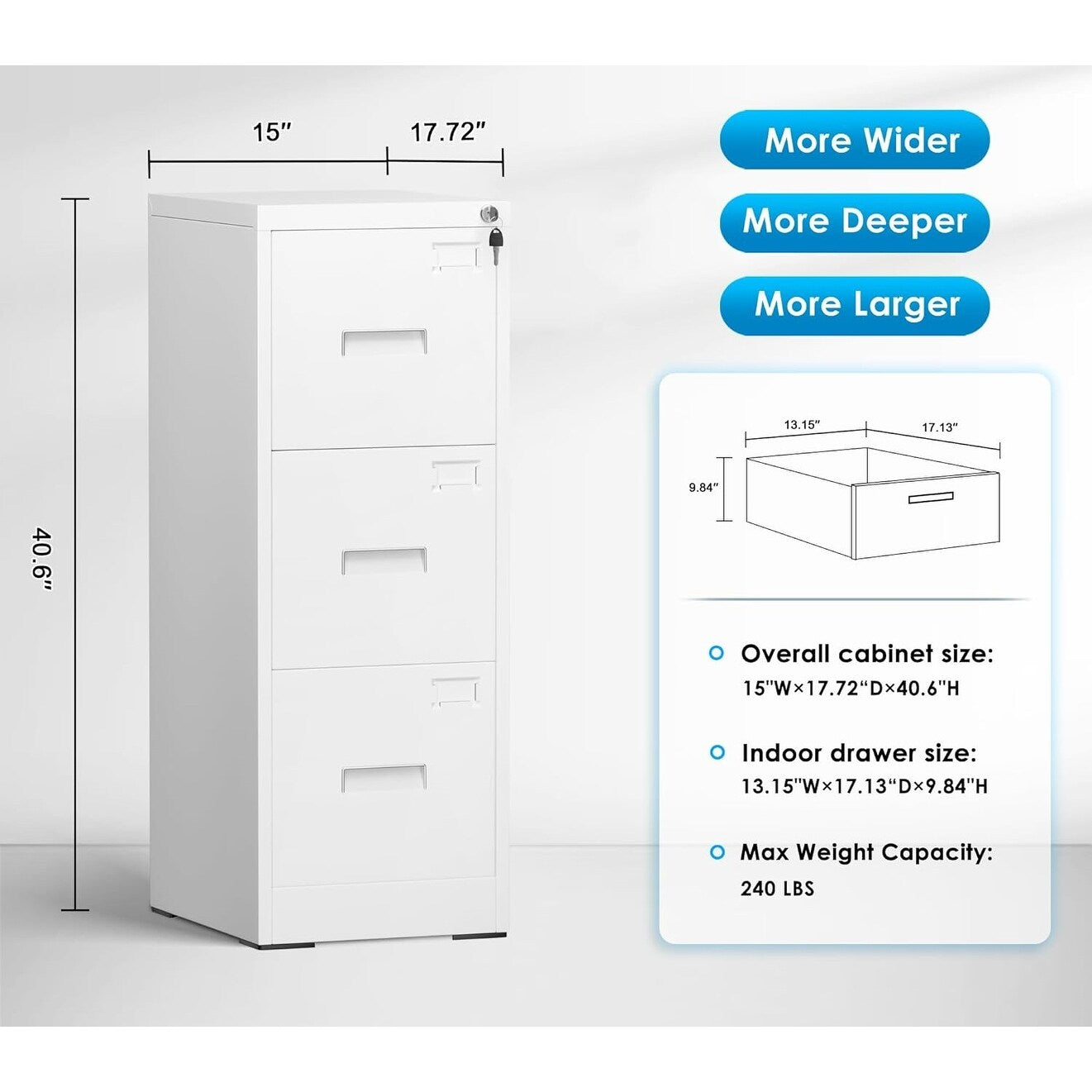 Classeur métallique à 3 tiroirs verrouillables pour bureau à domicile, meuble roulant entièrement assemblé