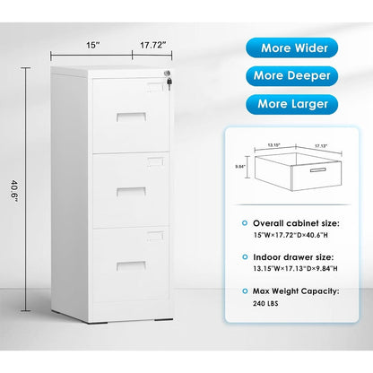 Classeur métallique à 3 tiroirs verrouillables pour bureau à domicile, meuble roulant entièrement assemblé