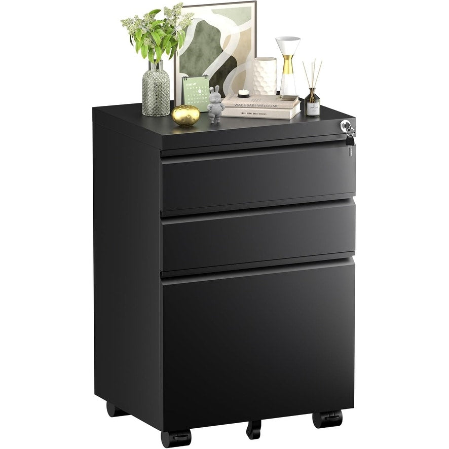 Classeur métallique à 3 tiroirs verrouillables pour bureau à domicile, meuble roulant entièrement assemblé