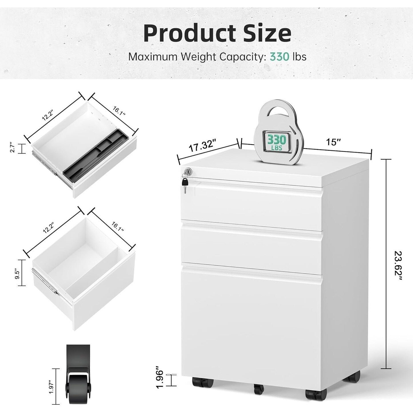 Classeur métallique à 3 tiroirs verrouillables pour bureau à domicile, meuble roulant entièrement assemblé