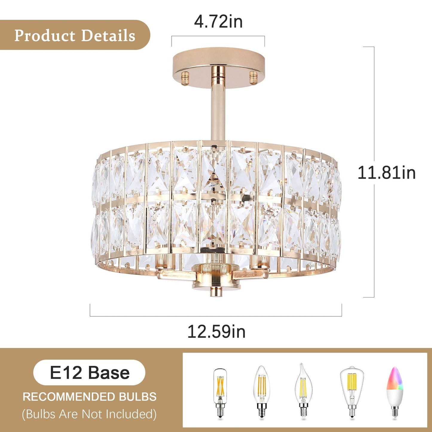 Plafonniers semi-encastrés à 3 lumières en cristal pour salon et couloir