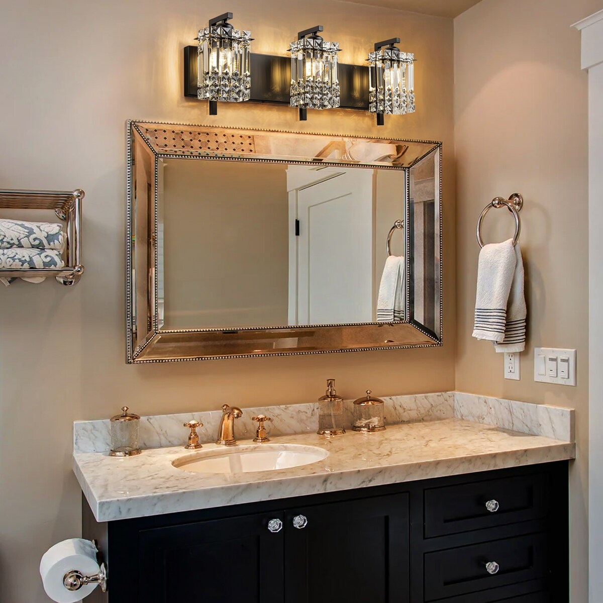 Applique murale en cristal à 3 lumières pour miroir de salle de bain moderne et glamour