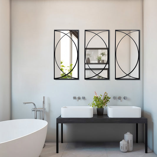 Ensemble de 3 miroirs muraux rectangulaires en métal noir - 31,9 H x 15,75 L x 0,75 P