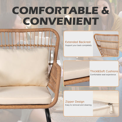 Ensemble de bistrot d'extérieur 3 pièces en osier, mobilier de jardin en rotin toutes saisons, chaises de patio avec coussins