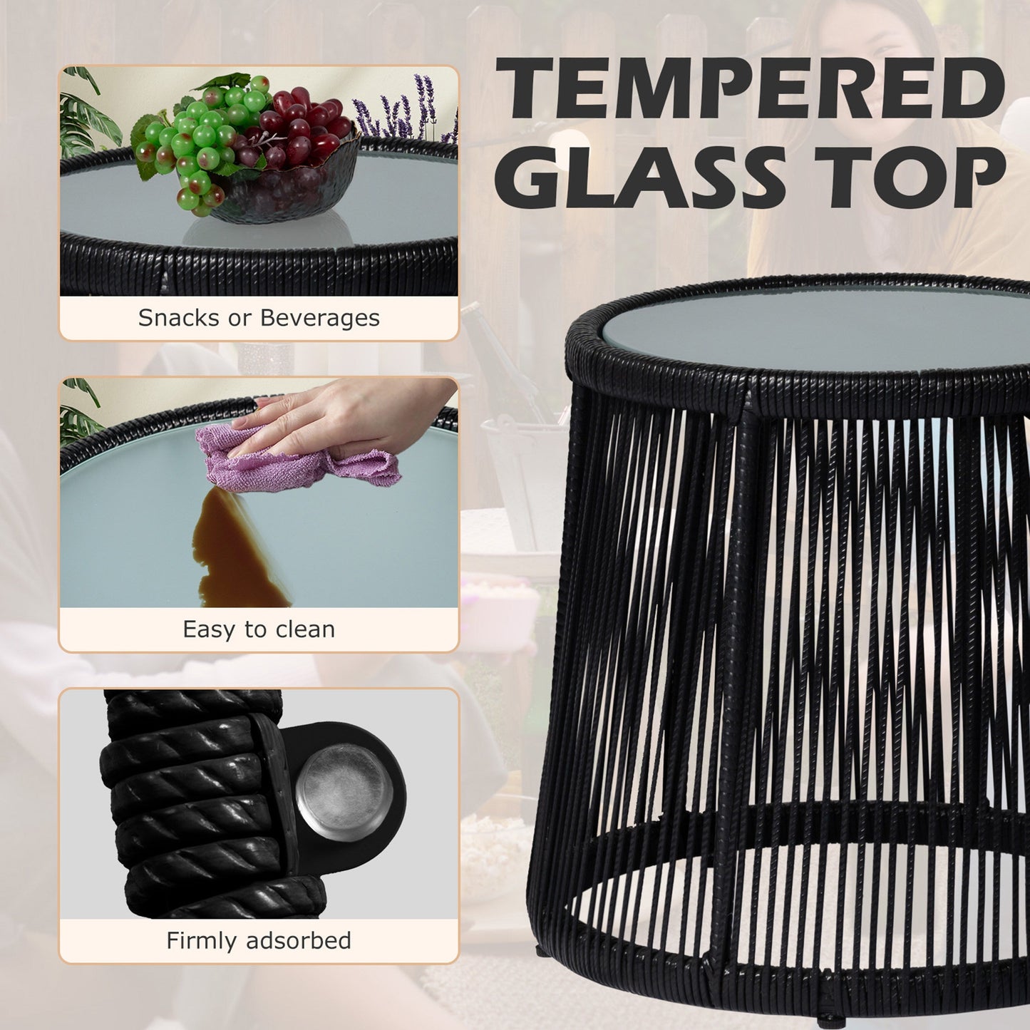 Ensemble de bistrot d'extérieur 3 pièces en osier, mobilier de jardin en rotin toutes saisons, chaises de patio avec coussins