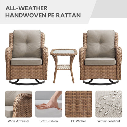 Fauteuil à bascule pivotant d'extérieur Gymojoy 3 pièces en osier avec coussin et table