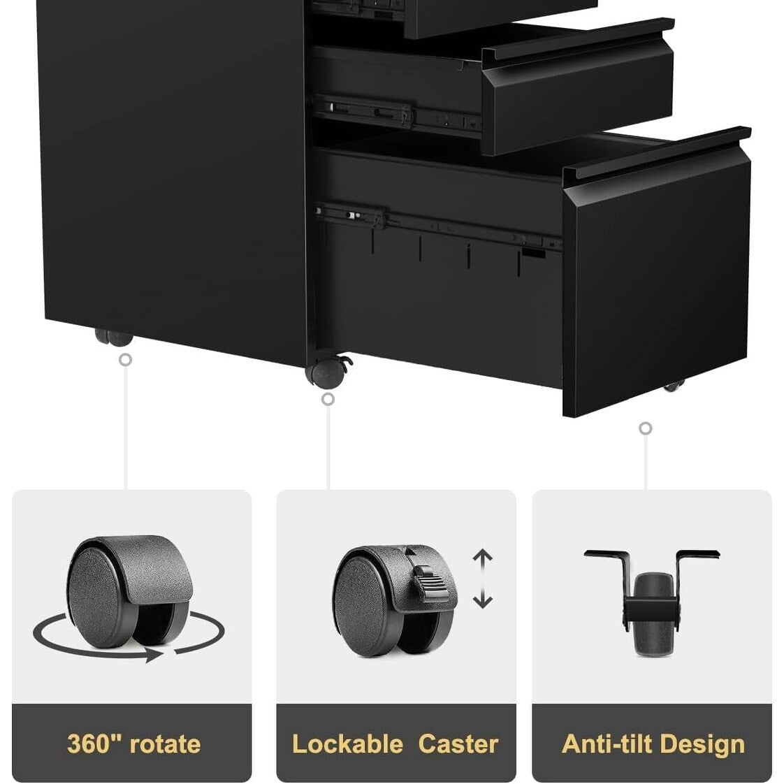 Classeur métallique à 3 tiroirs verrouillables pour bureau à domicile, meuble roulant entièrement assemblé