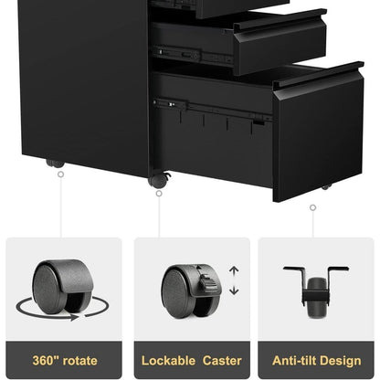 Classeur métallique à 3 tiroirs verrouillables pour bureau à domicile, meuble roulant entièrement assemblé