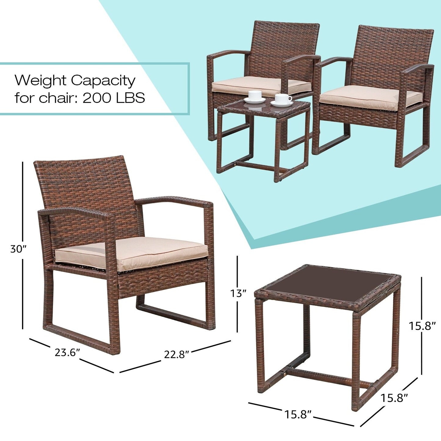 Ensemble de conversation 3 pièces en osier tressé avec coussins pour l'extérieur