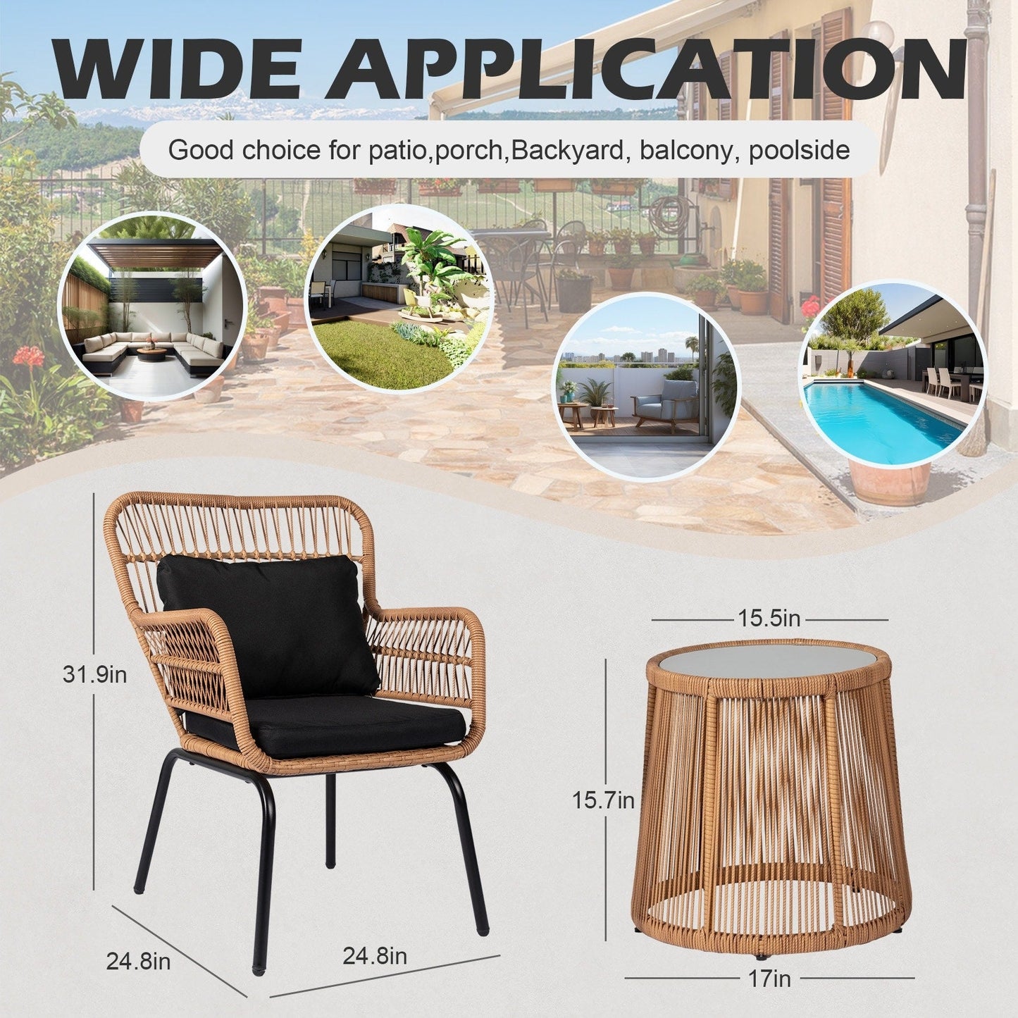Ensemble de bistrot d'extérieur 3 pièces en osier, mobilier de jardin en rotin toutes saisons, chaises de patio avec coussins