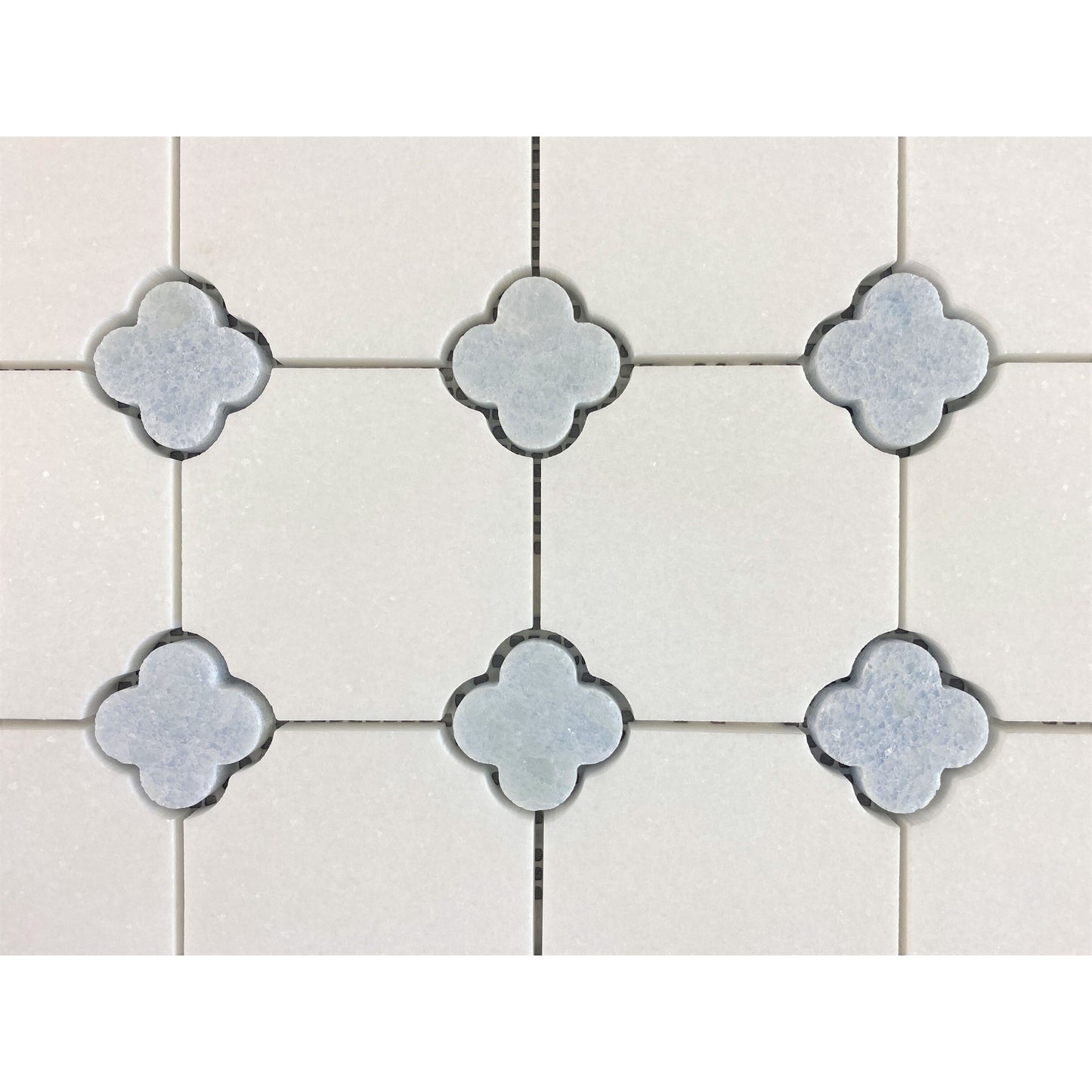 Carreaux de mosaïque en marbre blanc Thassos à motif floral bleu céleste - Boîte de 10 feuilles