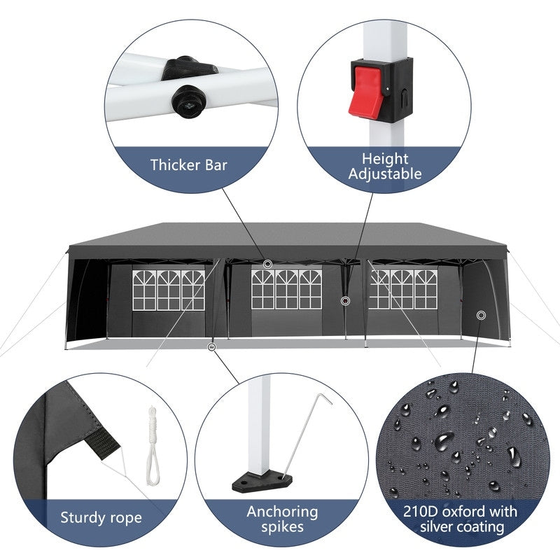 Gazebo pop-up en tissu Oxford 30 x 10 pi avec 8 sacs de sable et 8 parois latérales, avec auvent pour sac de remorquage - 30 x 10 x 8,8 pi (l x h)