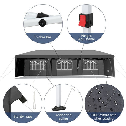 Gazebo pop-up en tissu Oxford 30 x 10 pi avec 8 sacs de sable et 8 parois latérales, avec auvent pour sac de remorquage - 30 x 10 x 8,8 pi (l x h)