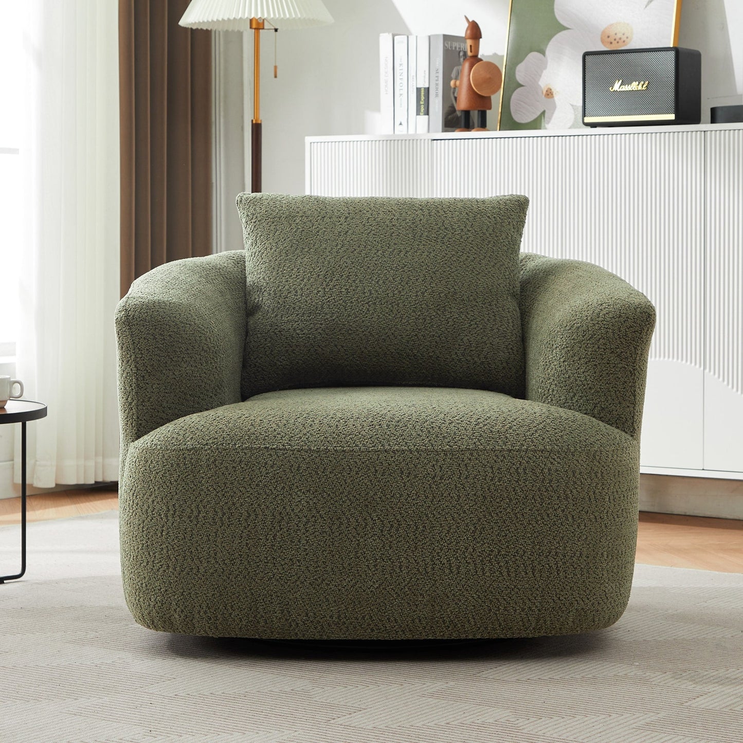 Fauteuil pivotant à 360°, fauteuil d'appoint en bouclette de 38,2 cm avec coussin décoratif, fauteuil-canapé rembourré de forme cylindrique avec accoudoirs incurvés