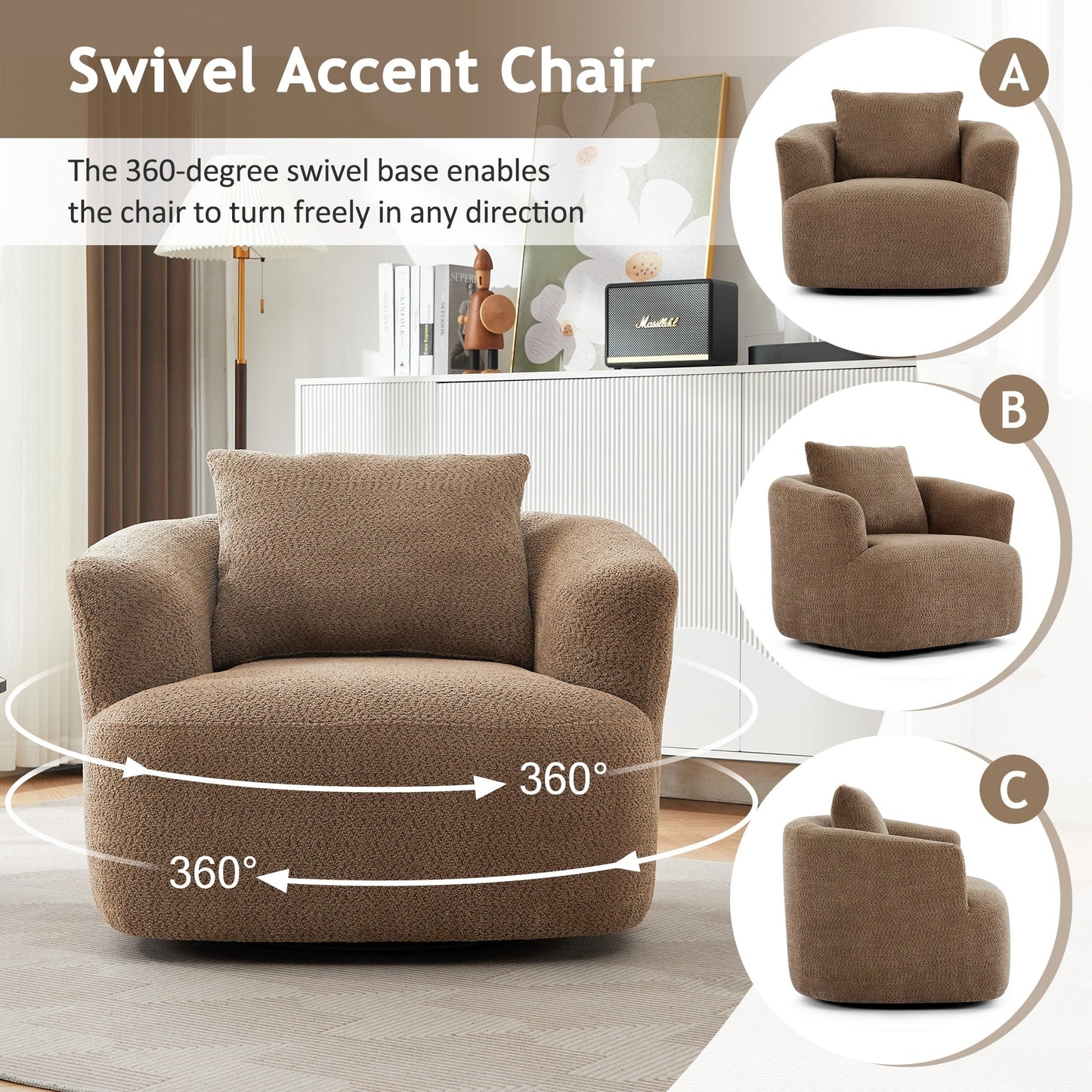 Fauteuil pivotant à 360°, fauteuil d'appoint en bouclette de 38,2 cm avec coussin décoratif, fauteuil-canapé rembourré de forme cylindrique avec accoudoirs incurvés