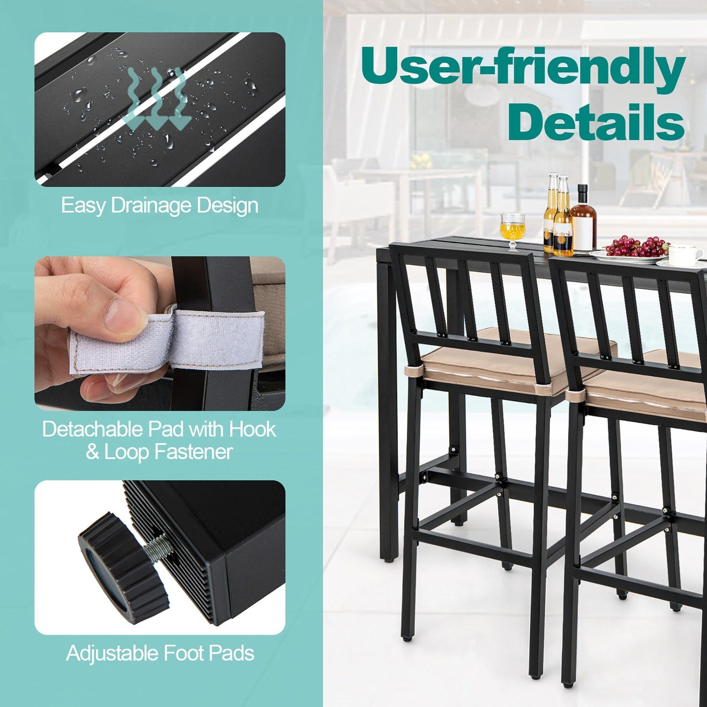 Ensemble de salle à manger de patio 3 pièces, table de bar en métal et chaises avec coussin