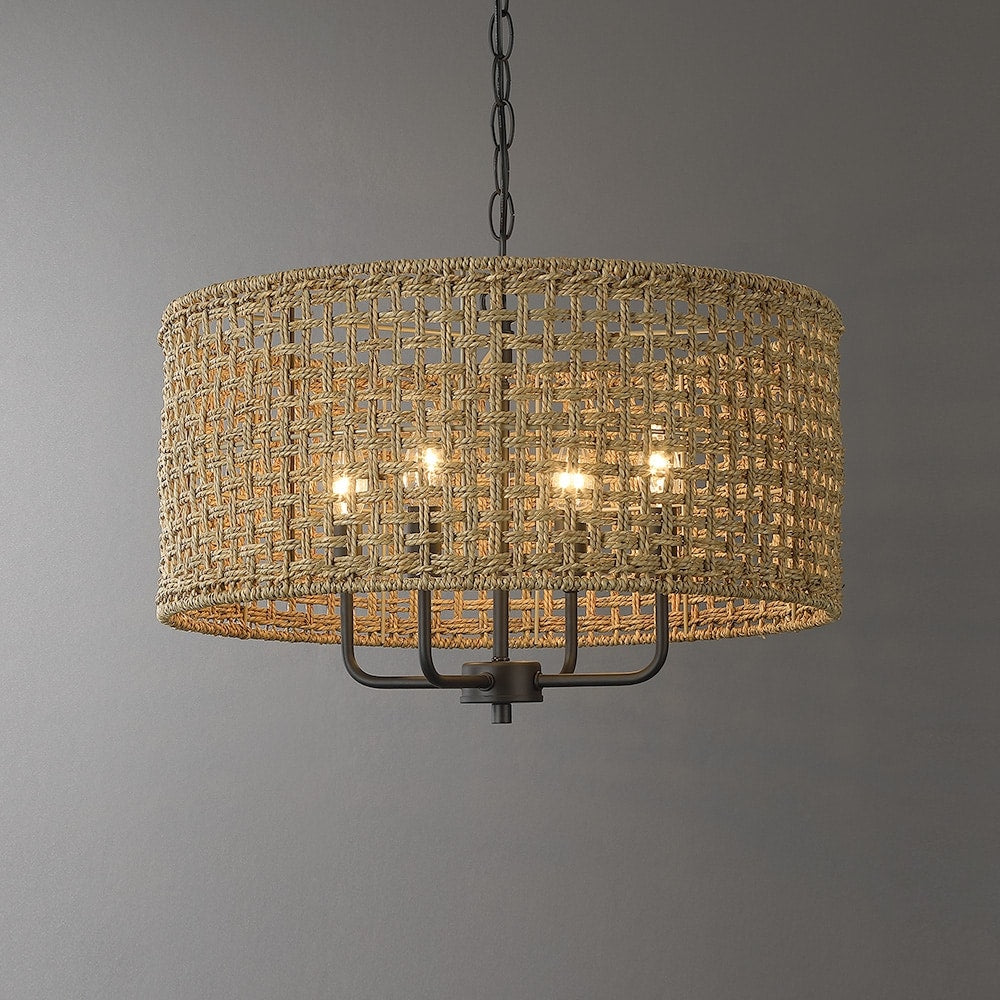 Lustre tambour bohème tissé à la main à 4 lumières - Paille - 20 po de largeur